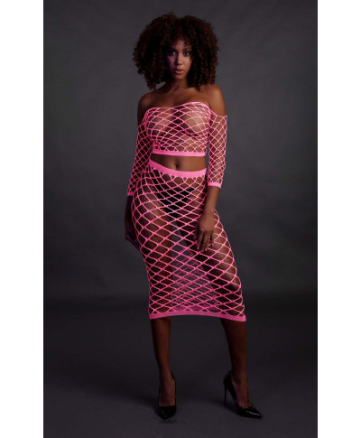 Long Sleeve Crop Top and Long Skirt - Pink - XSXL