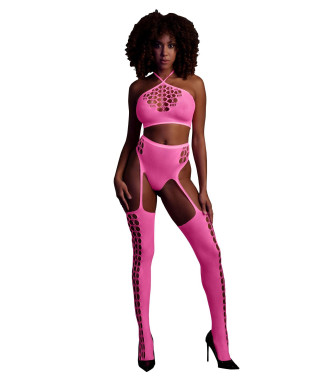 Two Piece with Crop Top and Stockings - Pink - XSXL