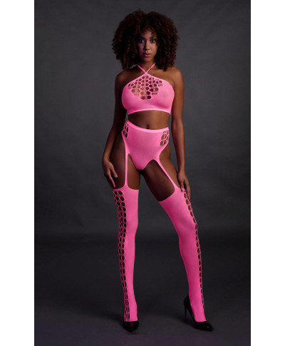 Two Piece with Crop Top and Stockings - Pink - XSXL