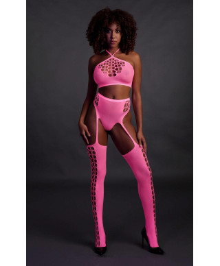 Two Piece with Crop Top and Stockings - Pink - XSXL