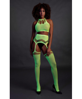 Two Piece with Crop Top and Stockings - Green - XSXL