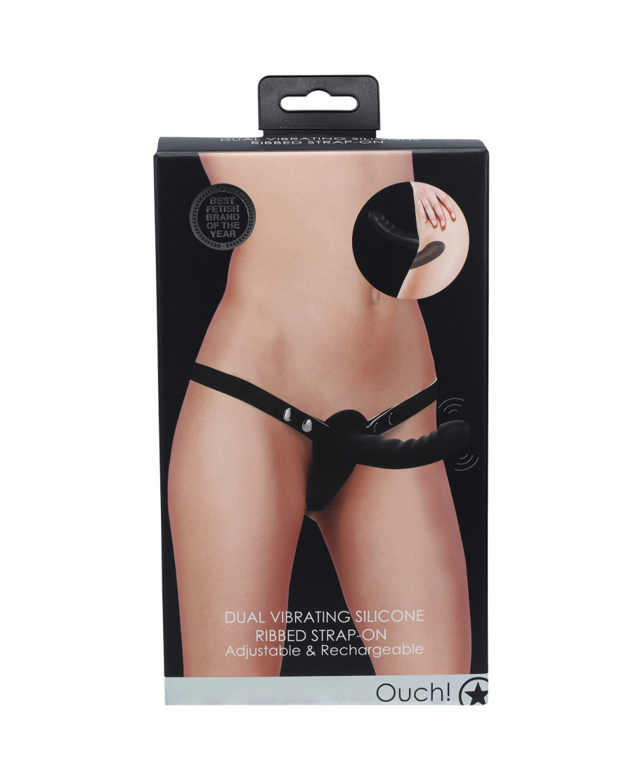 Ouch - Dual Vibrating - Rechargeable - 10 Speed Silicone Ribbed Strap-On - Adjustable - Black