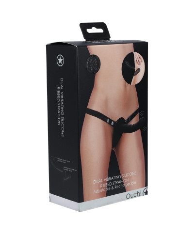 Ouch - Dual Vibrating - Rechargeable - 10 Speed Silicone Ribbed Strap-On - Adjustable - Black