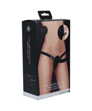 Ouch - Dual Vibrating - Rechargeable - 10 Speed Silicone Ribbed Strap-On - Adjustable - Black