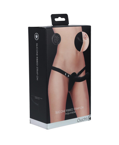 Ouch - Silicone Ribbed Strap-On - Adjustable - Black