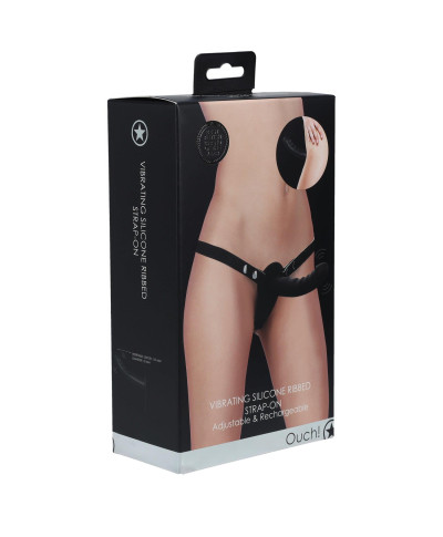 Ouch - Vibrating - Rechrgeable - 10 Speed Silicone Ribbed Strap-On - Adjustable - Black