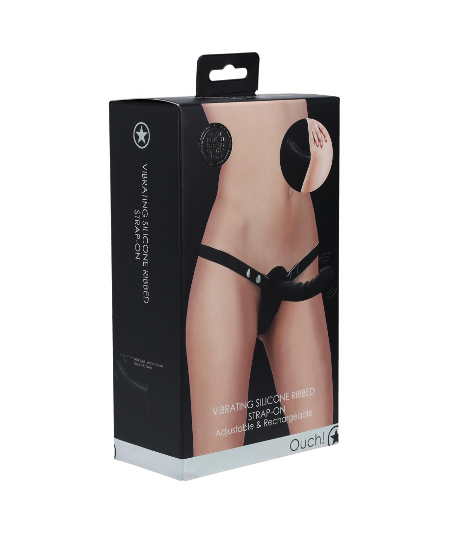 Ouch - Vibrating - Rechrgeable - 10 Speed Silicone Ribbed Strap-On - Adjustable - Black