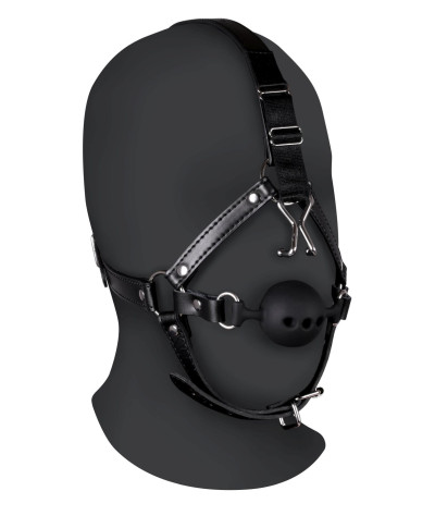 Head Harness with Breathable Ball Gag and Nose Hooks - Black