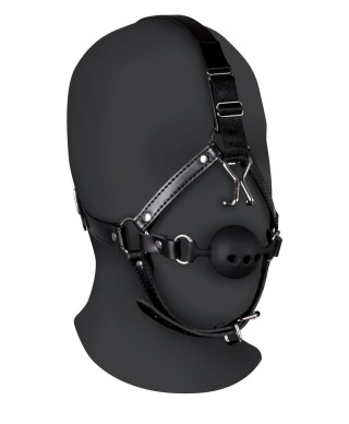 Head Harness with Breathable Ball Gag and Nose Hooks - Black