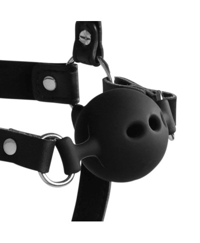 Head Harness with Breathable Ball Gag and Nose Hooks - Black