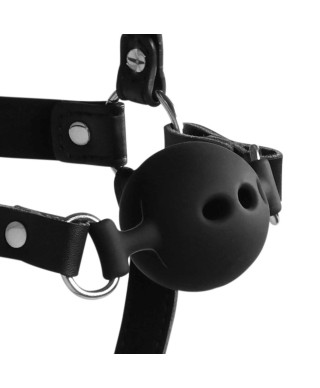 Head Harness with Breathable Ball Gag and Nose Hooks - Black