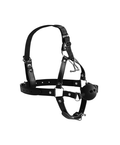 Head Harness with Breathable Ball Gag and Nose Hooks - Black