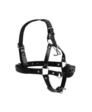 Head Harness with Breathable Ball Gag and Nose Hooks - Black