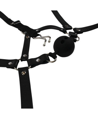 Head Harness with Breathable Ball Gag and Nose Hooks - Black