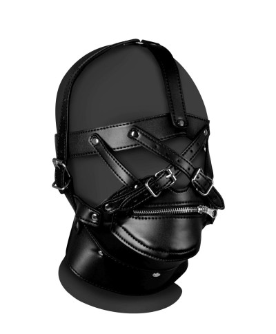 Head Harness with Zip-up Mouth and Lock - Black