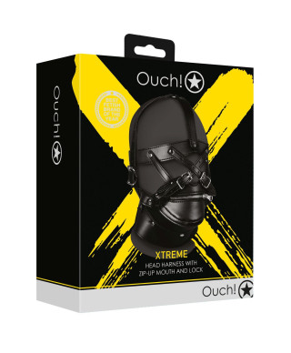 Head Harness with Zip-up Mouth and Lock - Black