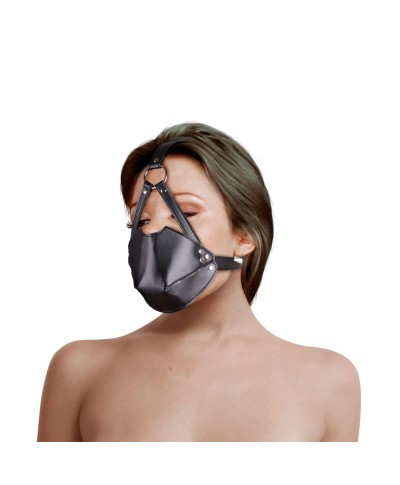 Head Harness with Mouth Cover and Breathable Ball Gag - Black