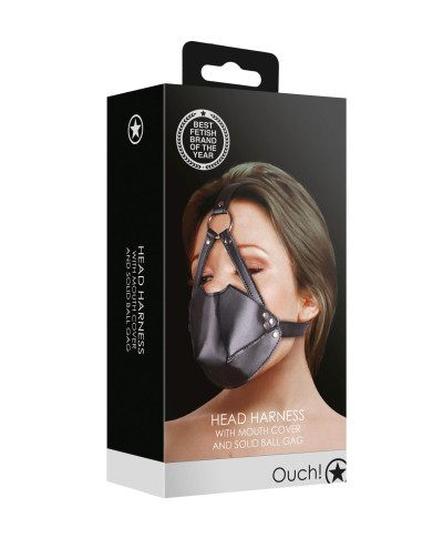 Head Harness with Mouth Cover and Breathable Ball Gag - Black