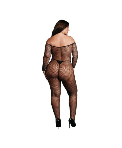 Bodystocking with off shoulder neckline fishnet structure and open crotch