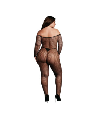 Bodystocking with off shoulder neckline fishnet structure and open crotch