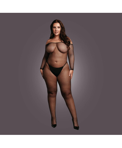 Bodystocking with off shoulder neckline fishnet structure and open crotch