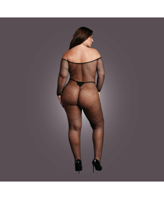 Bodystocking with off shoulder neckline fishnet structure and open crotch