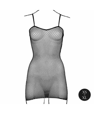 Short dress with fishnet structure and spaghetti straps