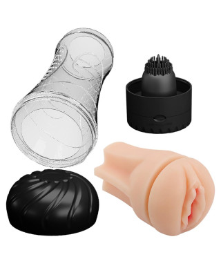 WIBRUJĄCY MASTURBATOR MĘSKI PRĄŻKOWANY Z WYPUSTKAMI SZTUCZNA CIPKA