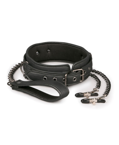 Wiązania-Leather Collar With Nipple Chains