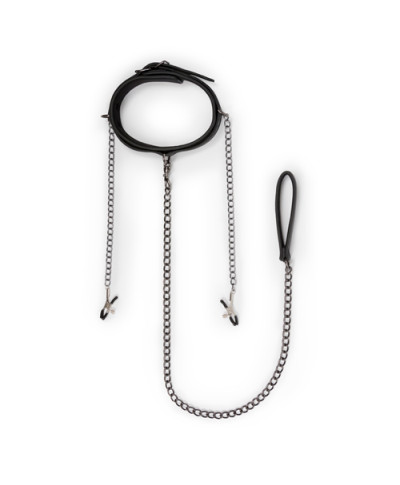 Wiązania-Leather Collar With Nipple Chains