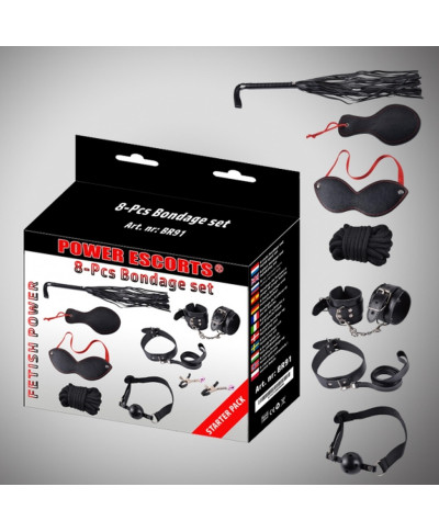 Bondage set 8 pcs black cuffs collar mask whipp clampsrope etc