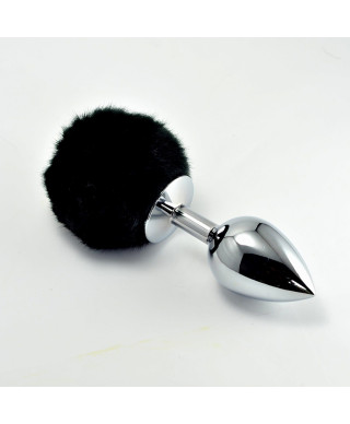 Metalowy korek analny z czarnym puszkiem 8 cm