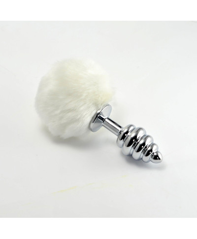 Metalowy korek analny biała puszysta końcówka 8 cm